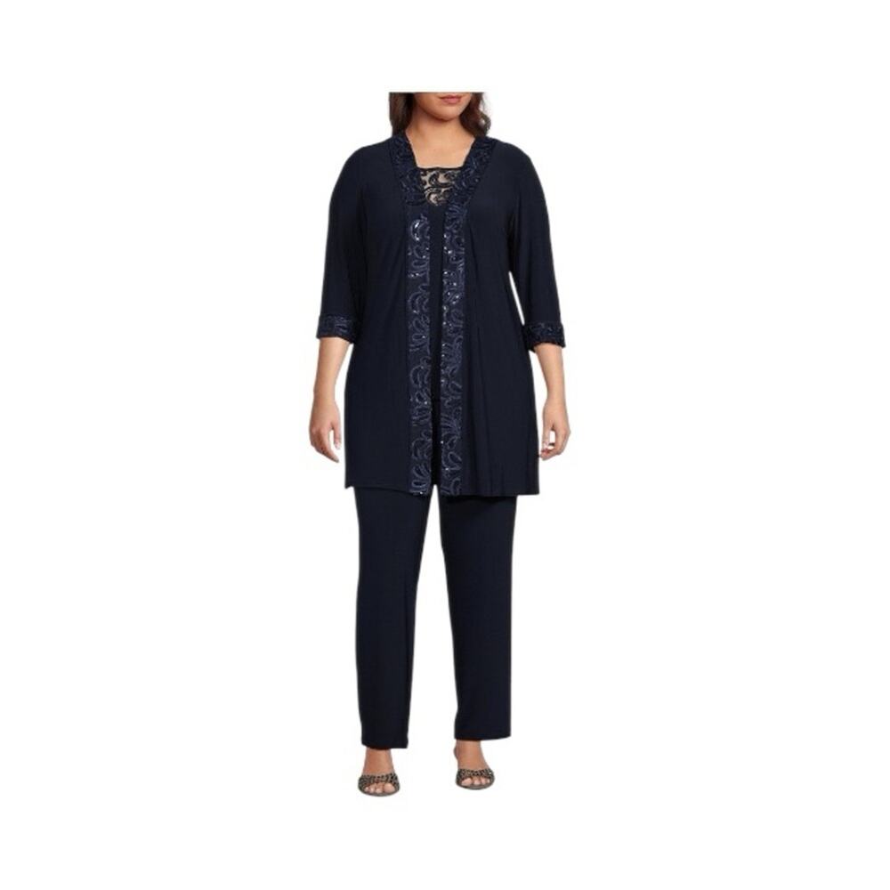 NWT Le Bos Plus Size Round Neck 3/4 Sleeve Embroidered Trim Duster 3-Piece Set